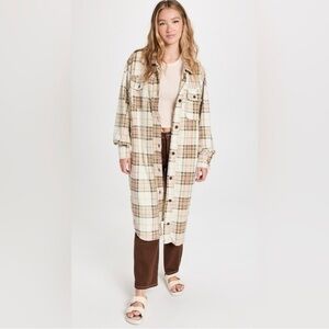 Free People We The Free Ruby Long Button Up Jacket, Pistachio Plaid, Size XS